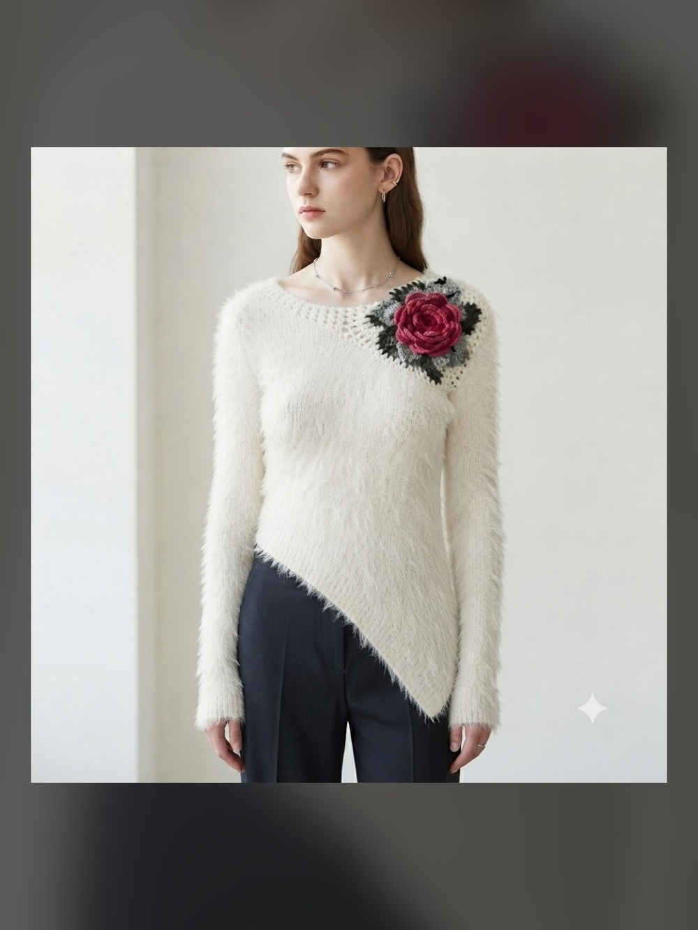 Exclusive Collection Chic White Fuzzy Asymmetrical Sweater with Shoulder Rose Ac